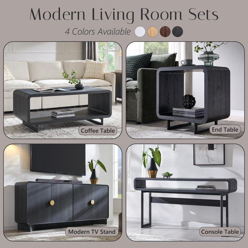 Table basse Abrianna de 48 po de largeur avec tablette de rangement, table de centre minimaliste à 2 niveaux avec profil incurvé, table de salon rectangulaire en bois épais, gris