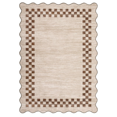Scalloped Area Rug Modern Bordered Accent Carpet, Non-Slip Geometric Floor Cover, Stain-Resistant Low Pile Indoor Mat, Easy to Clean Rugs