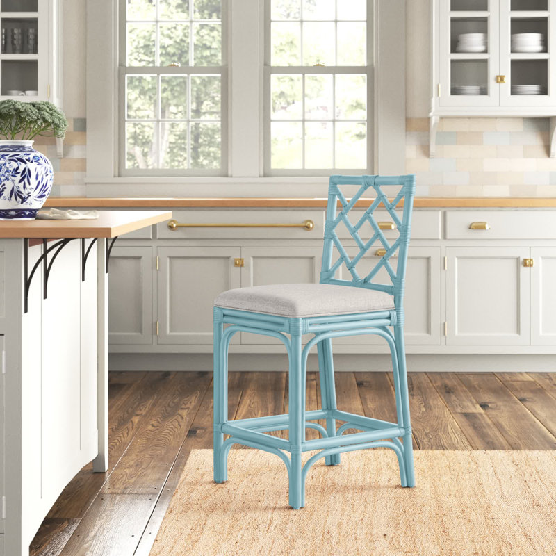 Tabouret Fulton, Tabouret de comptoir (siège d'une hauteur de 24 p, Siège blanc / cadre bleu