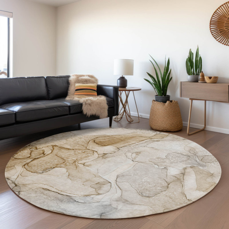 Tapis beige lavable à la machine de qualité supérieure 10 pi x 14 pi Cerrito AMF512, Rond 8 pi