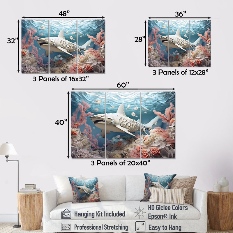 Coral And Sharks Collage Symetry - Coastal Coral Under Water Wall Decor Set, 40" H x 60" W