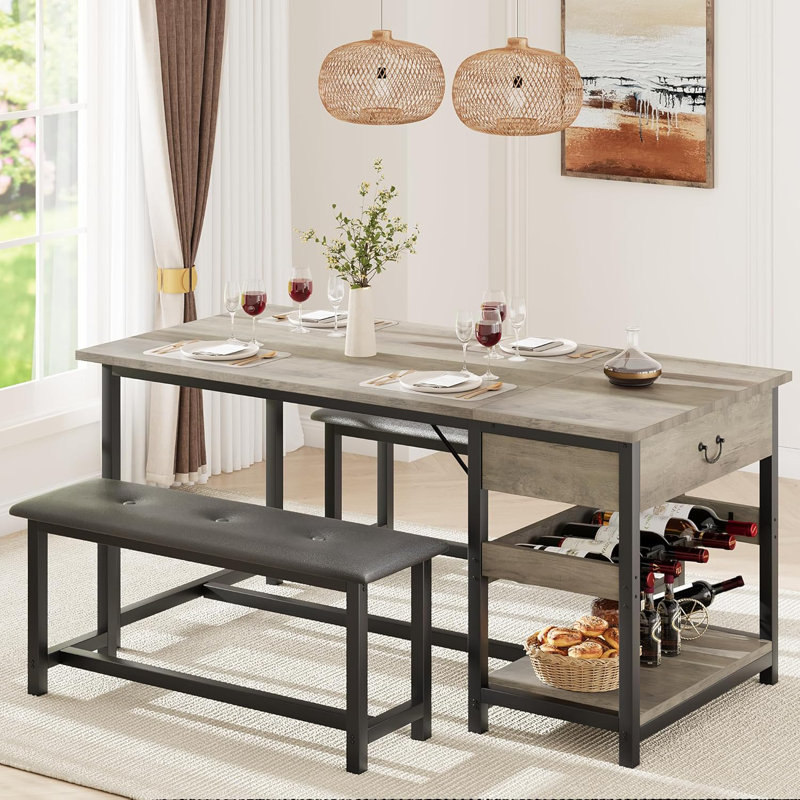 Ensemble de table de salle à manger pour 4 personnes, table de salle à manger avec tiroirs de rangement et support à vin, ensemble de table de salle à manger avec bancs rembourrés pour la salle à manger