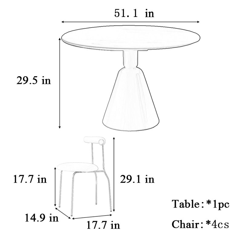 Chaise de table ronde simple Butter Wind, H 29,5 po x L 51,1 po x l 51,1 po, 5 pièces: table, 4 chaises