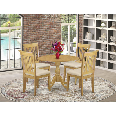 5 Piece Kitchen Table & Chairs Set Includes a Round Dining Table with Dropleaf and 4 Linen Fabric Dining Room Chairs, 42x42 Inch, Oak