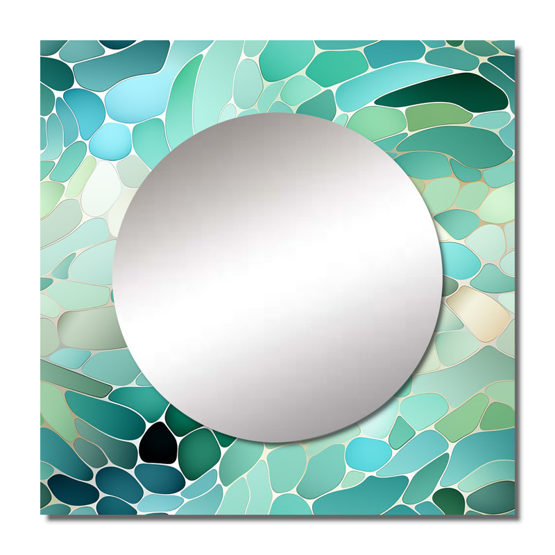 Verre de mer mosaïque émeraude motif côtier II - miroir carré moderne pour décoration murale, 23 po x 23 po