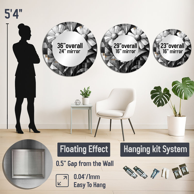 Monochrome Delicate Geometric Wildflowers - Floral Mirror Wall Decor - Printed On Metal, 36" x 36"
