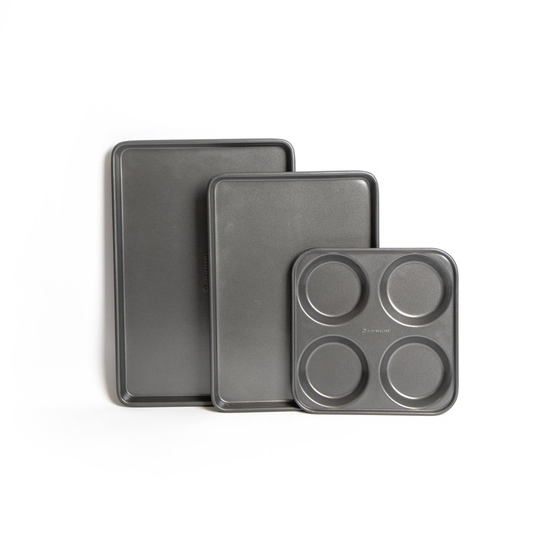 3pc Non-Stick Bakeware Set with 2x Baking Trays and 4-Hole Yorkshire Pudding Pan