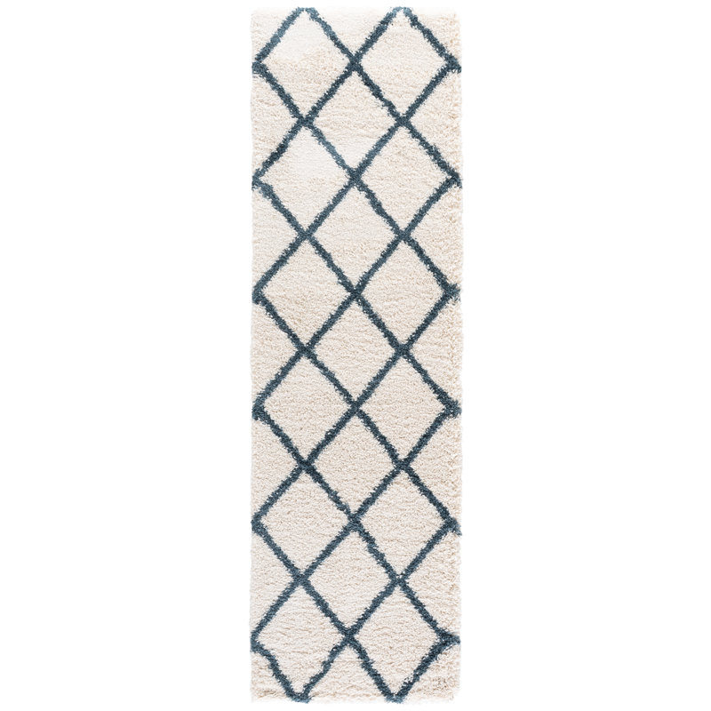 Feltner Geometric Ivory/Slate Blue Area Rug, Runner 2'3" x 8'