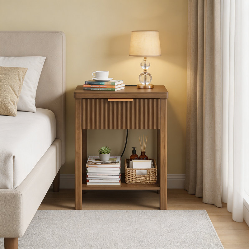 Ensemble de 2 tables de chevet en bois cannelé, table de chevet en noyer avec station de charge intégrée (2 AC, USB, Type-C), tiroir de rangement et tablette ouverte - table d'appoint moderne pour chambre à coucher, salon