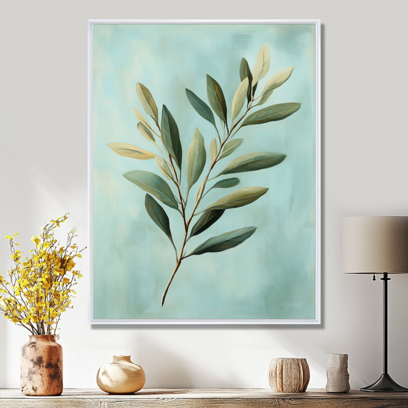 Feuilles ensoleillées sur fond bleu - Impression sur toile botanique, H 32 po x l 24 po, Cadre flottant blanc