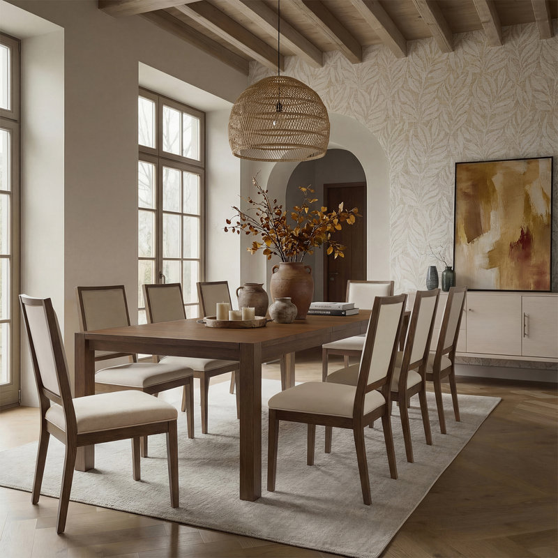 9 Pieces Dining Set, 9 Pieces: Table, 8 Chairs, Brown