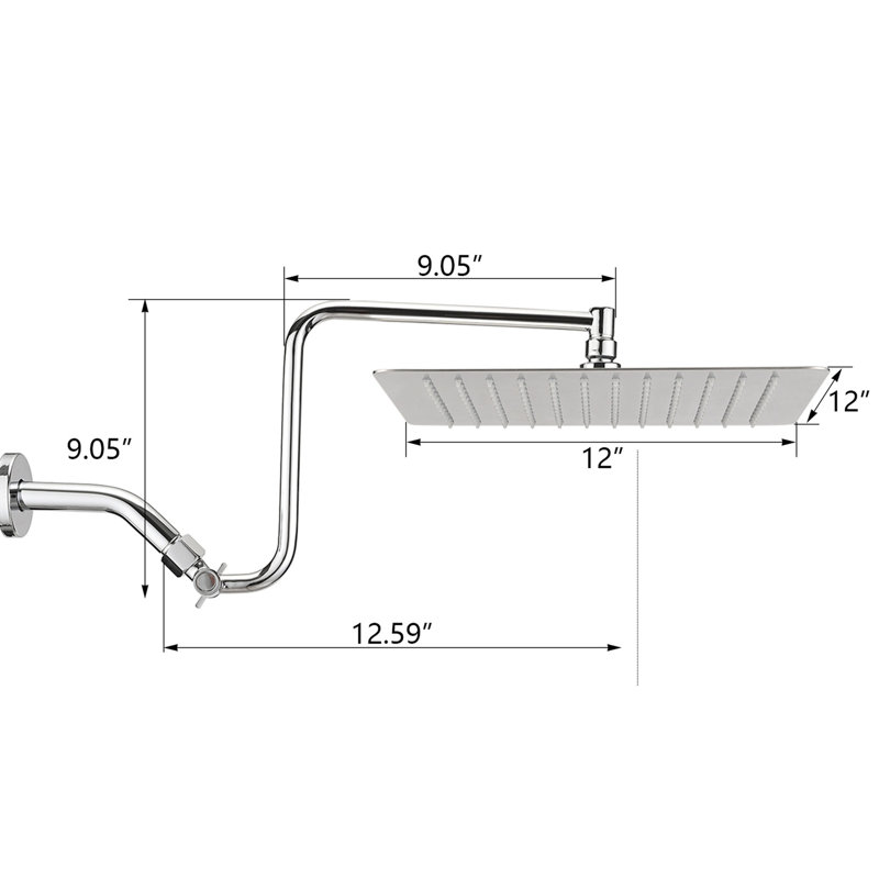 12" Square Showerhead With Adjustable Extension - Stainless Steel Build, Low- Compatible, Bathroom 12 Inch Shower Head Movable Arm Steel, No Clogging, Fits Pipe Threads