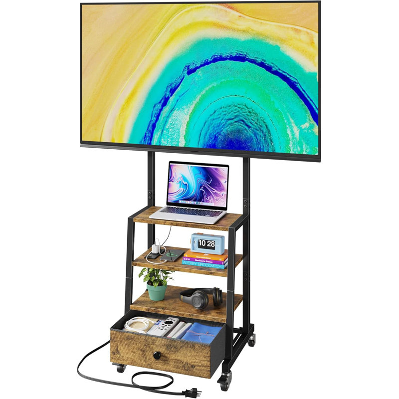 Rolling TV Stand with Wheels and Mount & Fabric Drawer - Entertainment Centre with Power Outlet