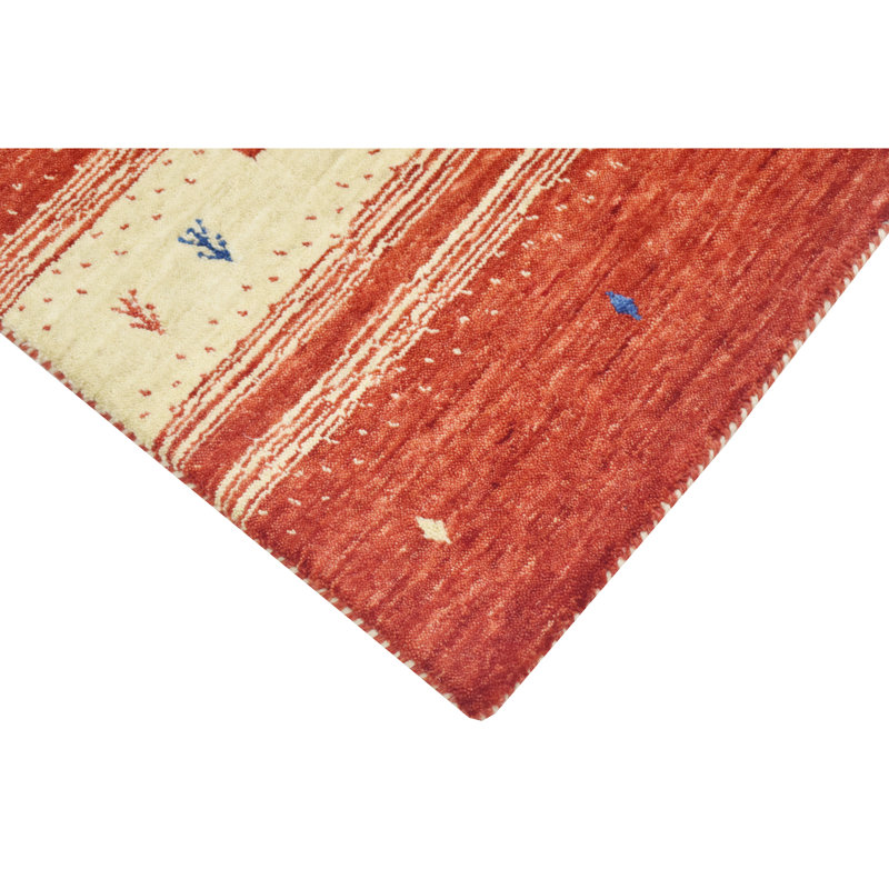 Hand Knotted Wool Striped Area Rug in Red/Beige, Rectangle 4' x 6'