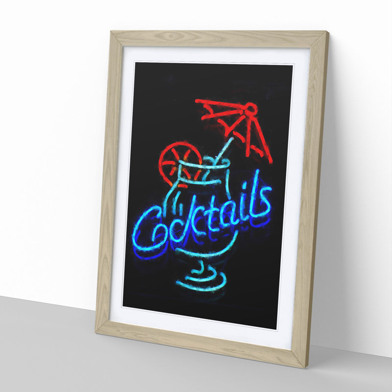 Cocktails Sign - Picture Frame Graphic Art, 65cm H x 48cm W x 2cm D, Oak Framed