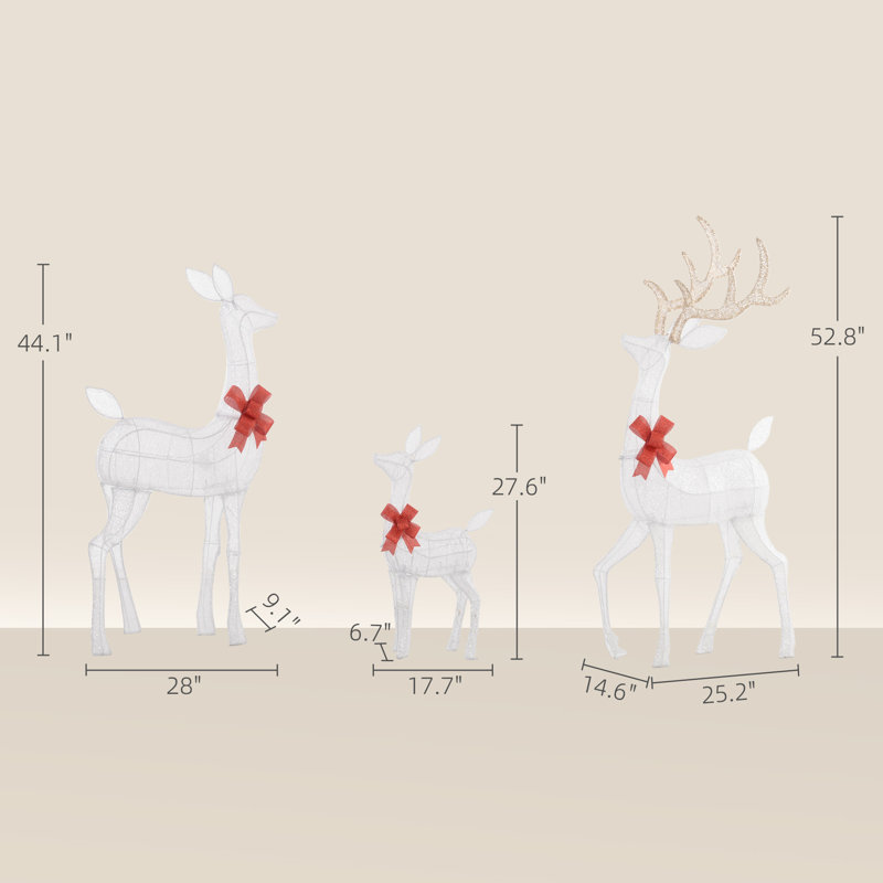 Ensemble de 3 cerfs de Noël illuminé argentés Outsunny | Décorations de jardin blanc chaud, lumières de renne résistantes aux intempéries | Idée de cadeau