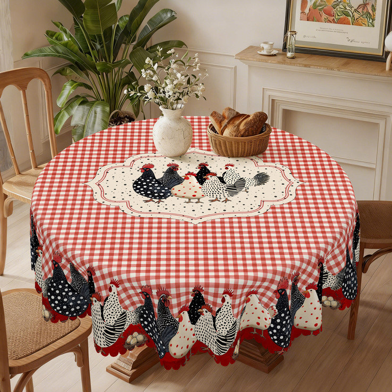 Pink checkered polyester tablecloth with rooster design, machine washable