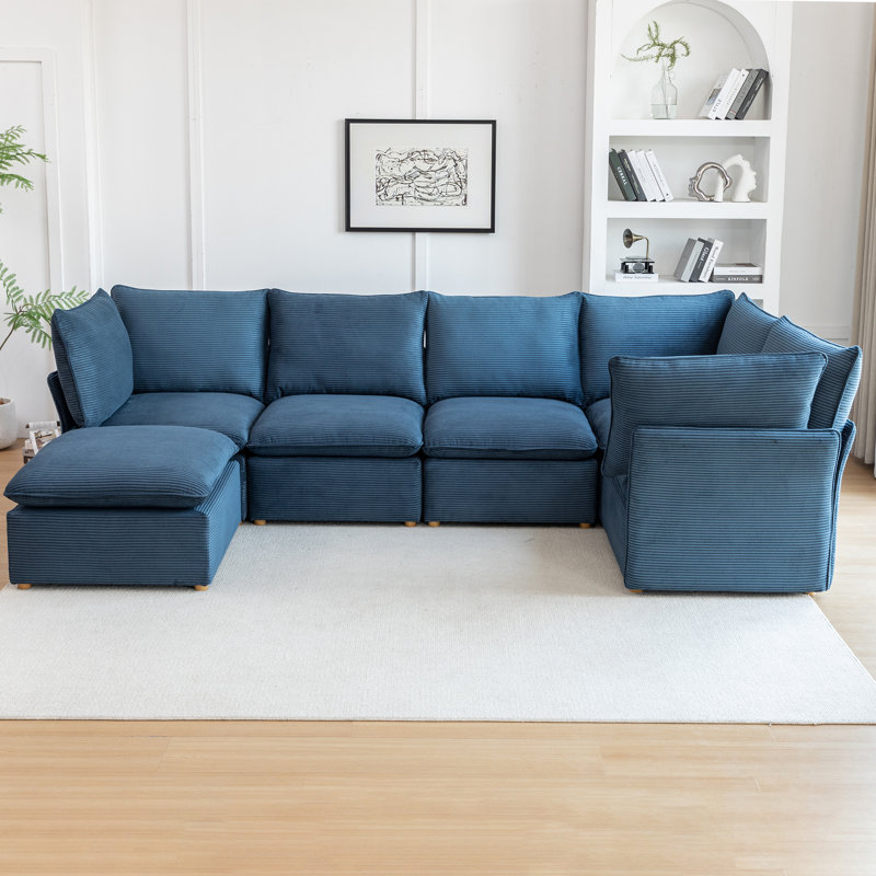 Hepworth Dejohn Corduroy Sectional Sofa With Solid Wood Legs, Blue Corduroy, 36" H x 125" W x 62.5" D