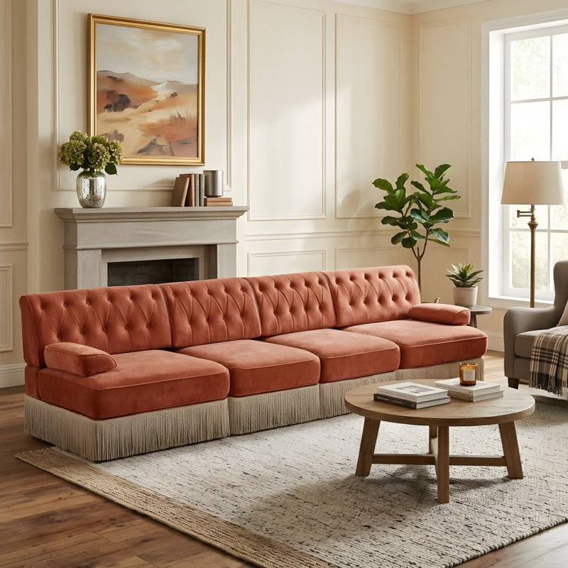 Canapé de style Chesterfield, H 34,18 po x l 135,58 po x P 33,78 po, Rouge