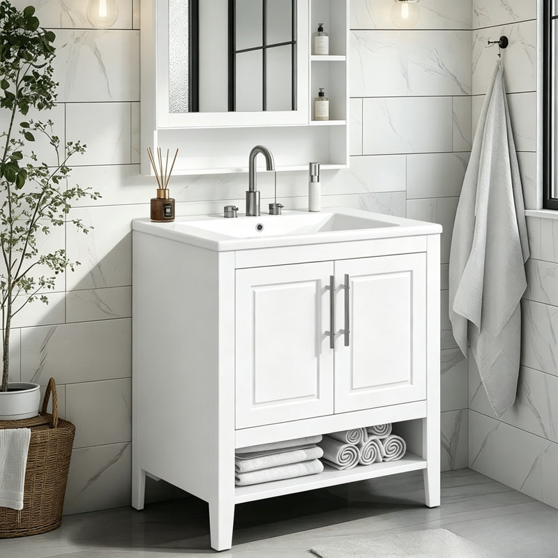 Pelaga Bathroom Vanity With Sink, Multi-Functional Bathroom Cabinet With Doors And Drawers, White, 33" H x 18" W x 30" D
