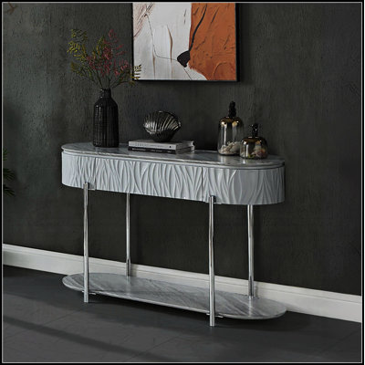 Modern Grey High Gloss And Chrome Sofa Table With Bottom Shelf For Enhanced Storage And Style