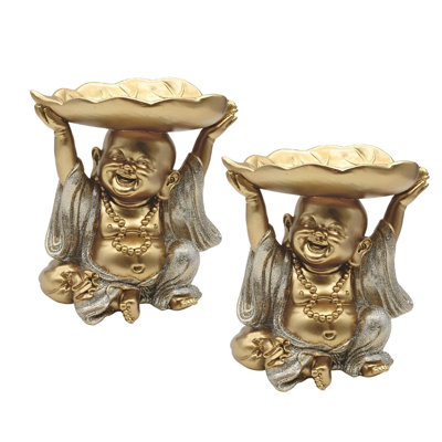 "Ensemble de 2 pièces" ICE ARMOUR 6 "H Statue de Bouddha Maitreya dorée et argentée, statue de Bouddha heureux, décoration de maison / chambre et idées de cadeaux parfaits pour le réchauffement de la maison, les fêtes et les anniversaires