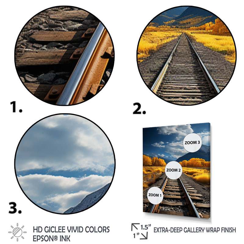 Rail Track Through Yellow Prairies - Modern Wall Decor, H 20 po x l 12 po x P 1 po, Cadre photo noir