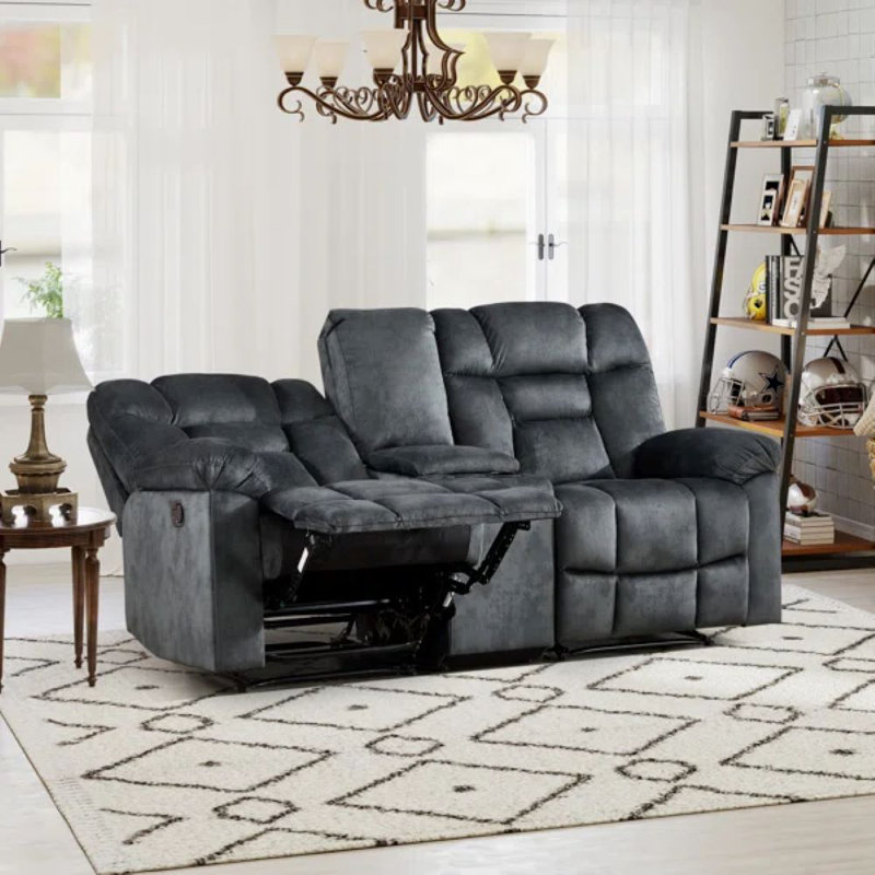 Modern Soft Microfiber Manual Reclining Loveseat Sofa With Center Console & Cup Holders, Greenish Gray