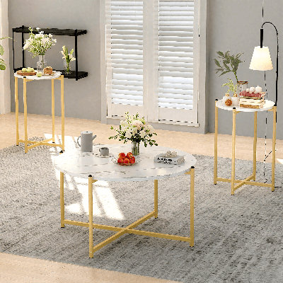 Round Coffee Table Set Of 3, 1 Coffee Table & 2 Sofa Tables, Living Room Table Set With Round Tabletop And Metal Cross Base Frame For Apartment, Offic