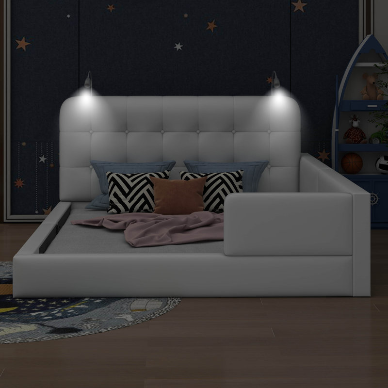 Grand lit plateforme tapissier avec 2 lampes de lecture, Blanc