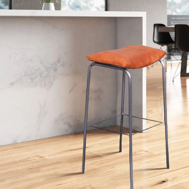 Ormond Industrial Leather Bar Stool with Recycled Steel Frame – 31" Counter Height 