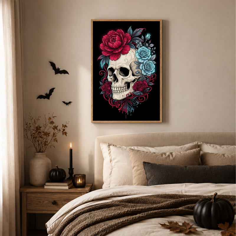 Art mural sur toile rouge et bleu avec tourbillons de fleurs d'Halloween, H 36 po x l 24 po