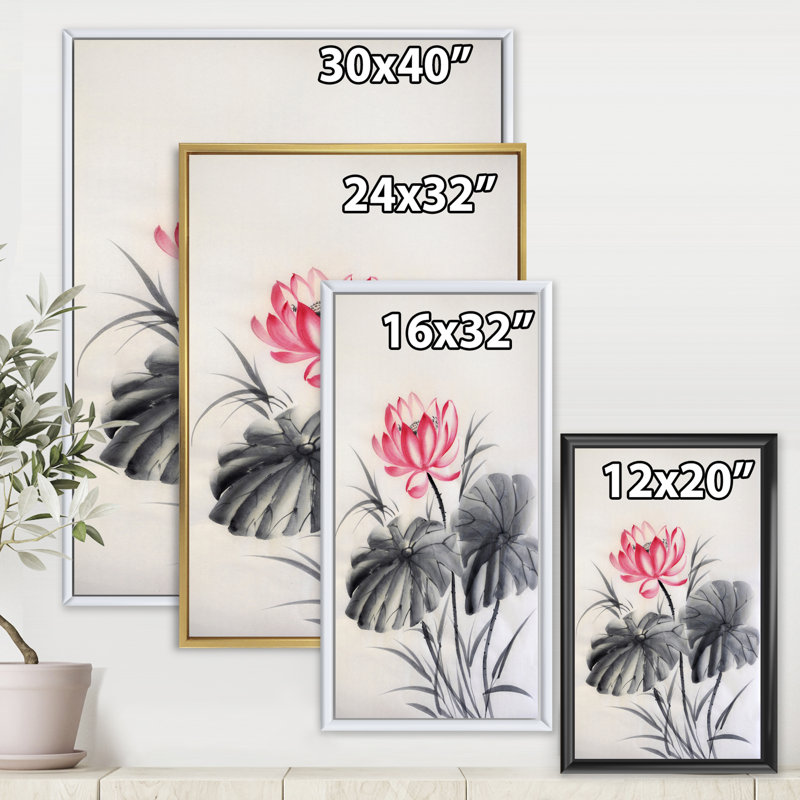 Fleur de lotus avec deux feuilles monochromes - peinture sur toile, Cadre flottant doré, H 32 po x l 16 po x P 1 po