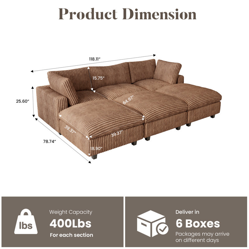 6 - Piece Slipcovered Sectional With Ottoman, Brown