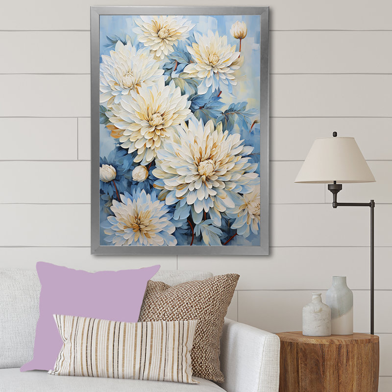 «Blue and White Mums Flowers Elegance III», reproduction sur toile, H 32 po x l 24 po x P 1 po, Cadre simple argenté