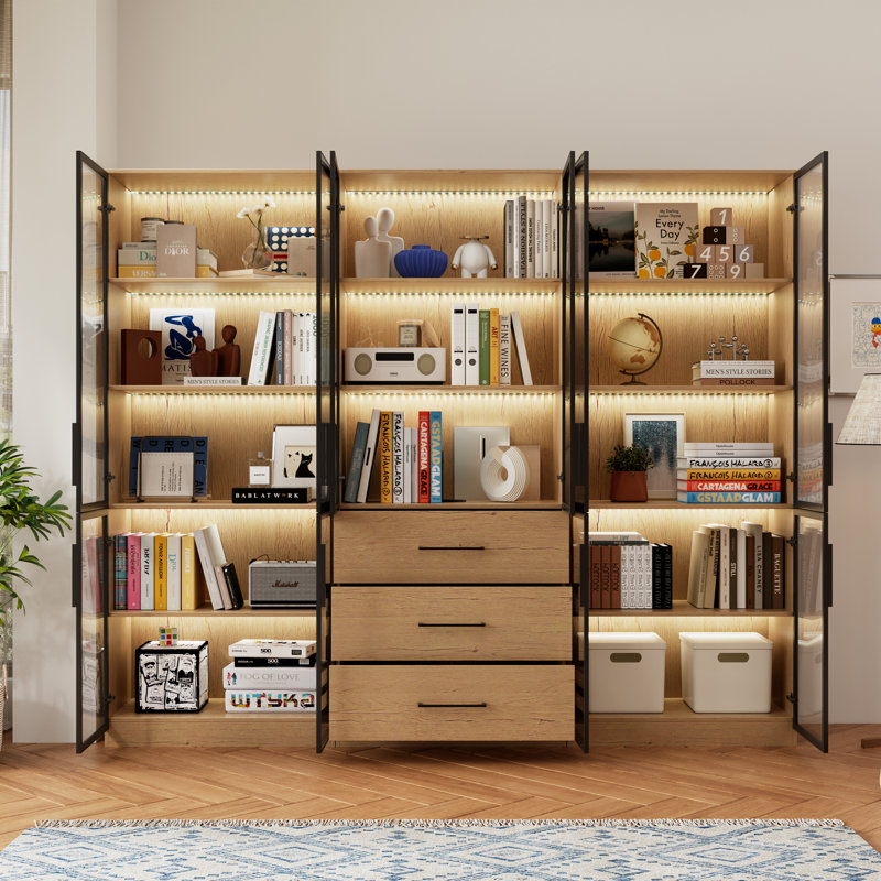Vitrine de 94,5 po de largeur avec portes en verre, bibliothèque à 6 portes avec tiroirs, structure en métal et tablettes ouvertes