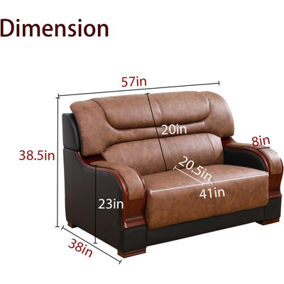 57" Genuine Cowhide Leather Loveseat With Wooden Accents, Modern 2-Seater Sofa