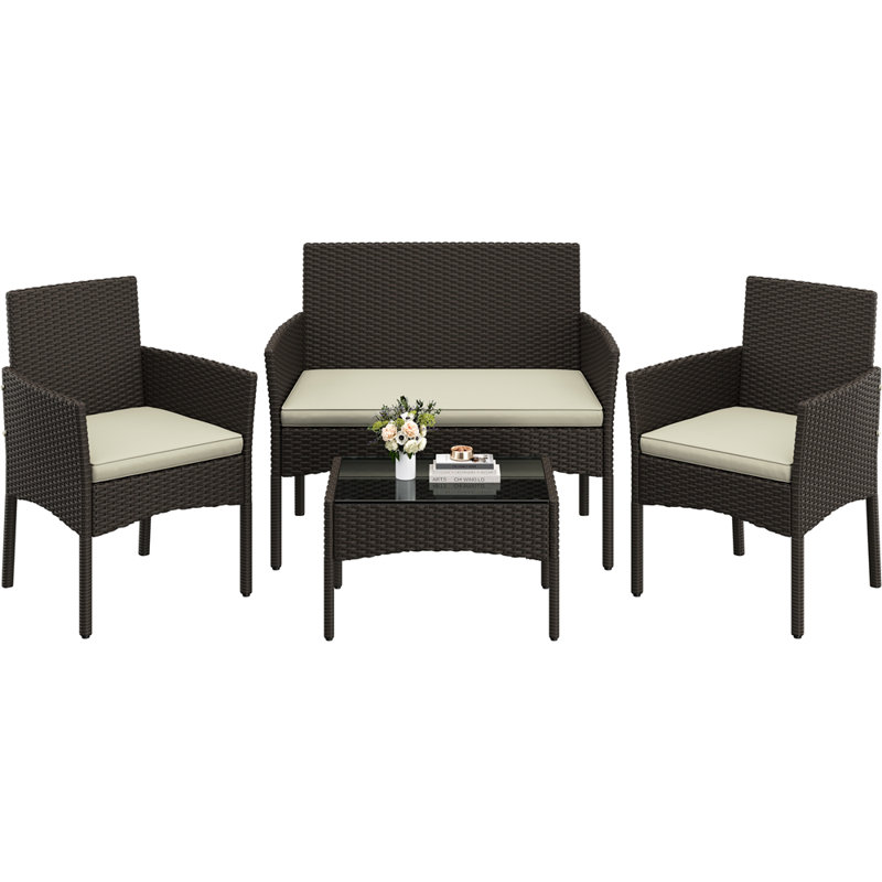 4 PCS Outdoor Reception Set Patio Rattan Sofa and Table Suite Outdoor Table with Tempered-Glass Tabletop, Brown, Beige
