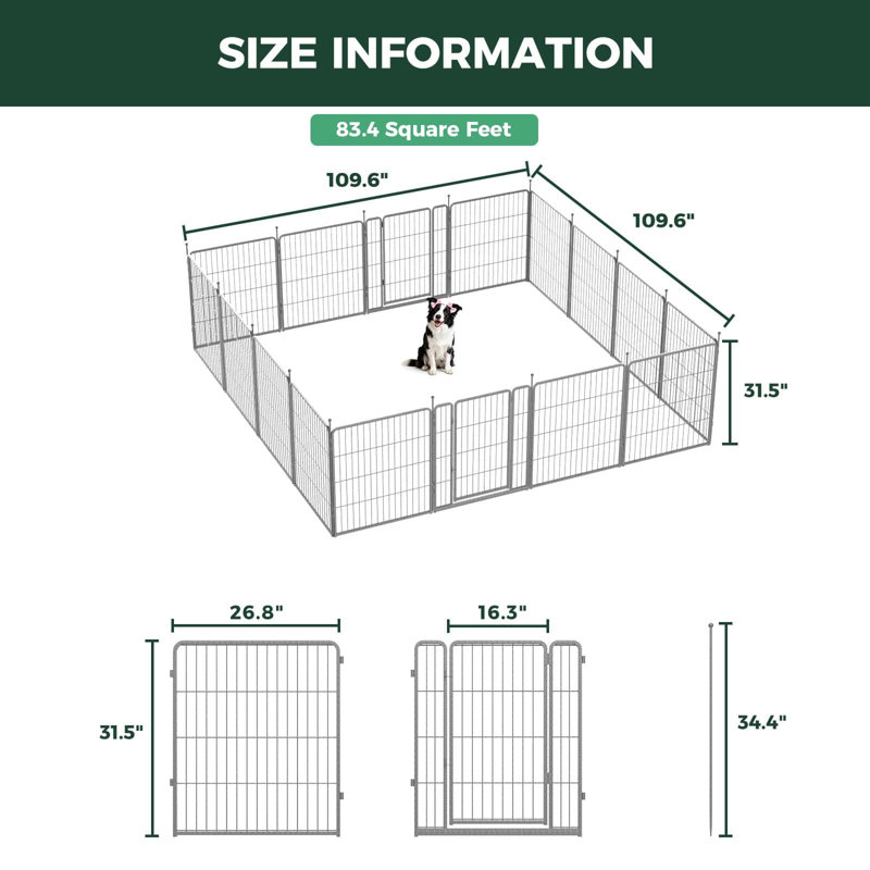 Parc pour chien FX Aster conçu pour la cour, 32 pouces, 16 panneaux, H 32 po x l 109,6 po x P 109,6 po