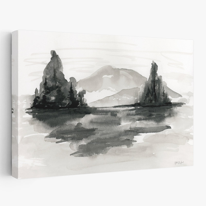 Paysage encre de chalet / auberge, H 24 po x l 16 po