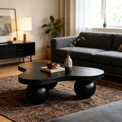 Table basse de 46 pouces en forme de nuage avec 3 pieds sphériques pour le salon, pieds noirs et pieds noirs