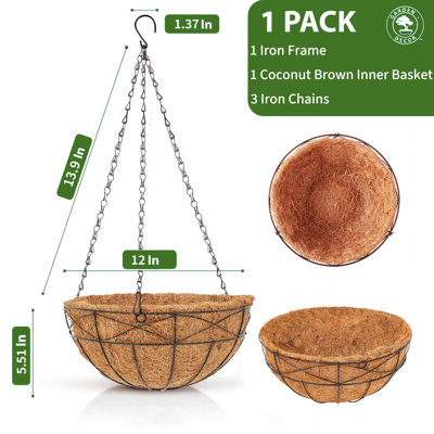 Jardinières suspendues 14 po / 12 po pour plantes d'extérieur, paniers suspendus à chaîne en métal avec doublure coco, pots de fleurs ronds suspendus pour porche, balcon, décoration de patio de jardin, utilisation intérieure / extérieure
