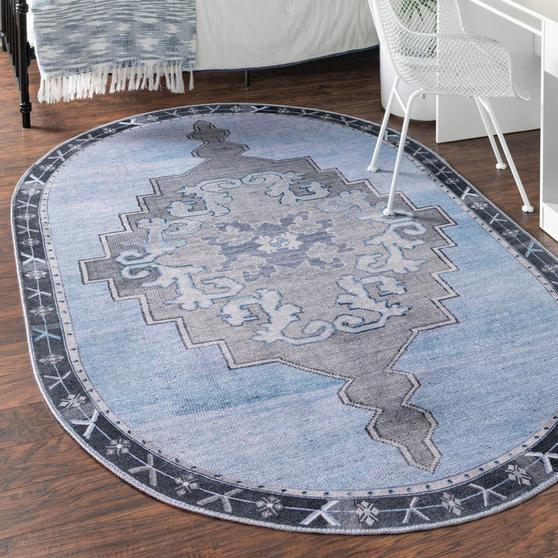 Tapis traditionnel de couleur gris-bleu, Ovale 2 pi x 3 pi 1 po