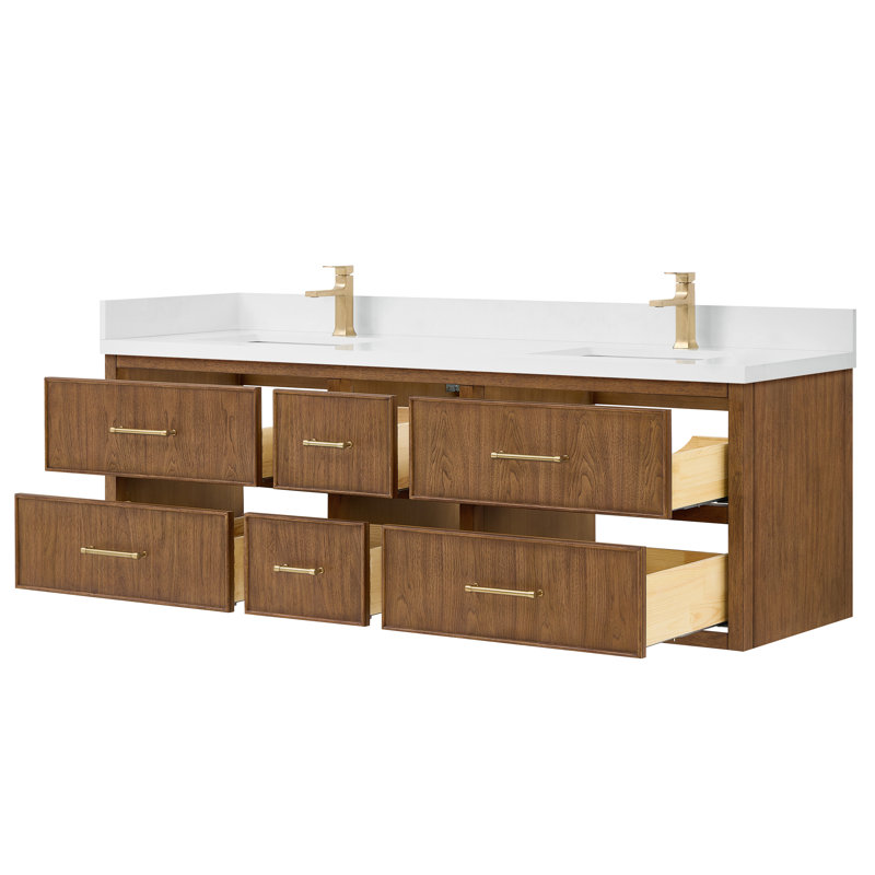 Meuble-lavabo double mural Isola WM 72 po, fini noyer grillé, comptoir en quartz blanc, lavabos carrés encastrés (1 trou), garniture en bronze satiné