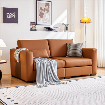 78"W Modern Leather Couch with 2 Pillows and Deep Seat, Orange Sectional 3-Seater Upholstered Sofa with Metal Legs for Living Room and Bed Room