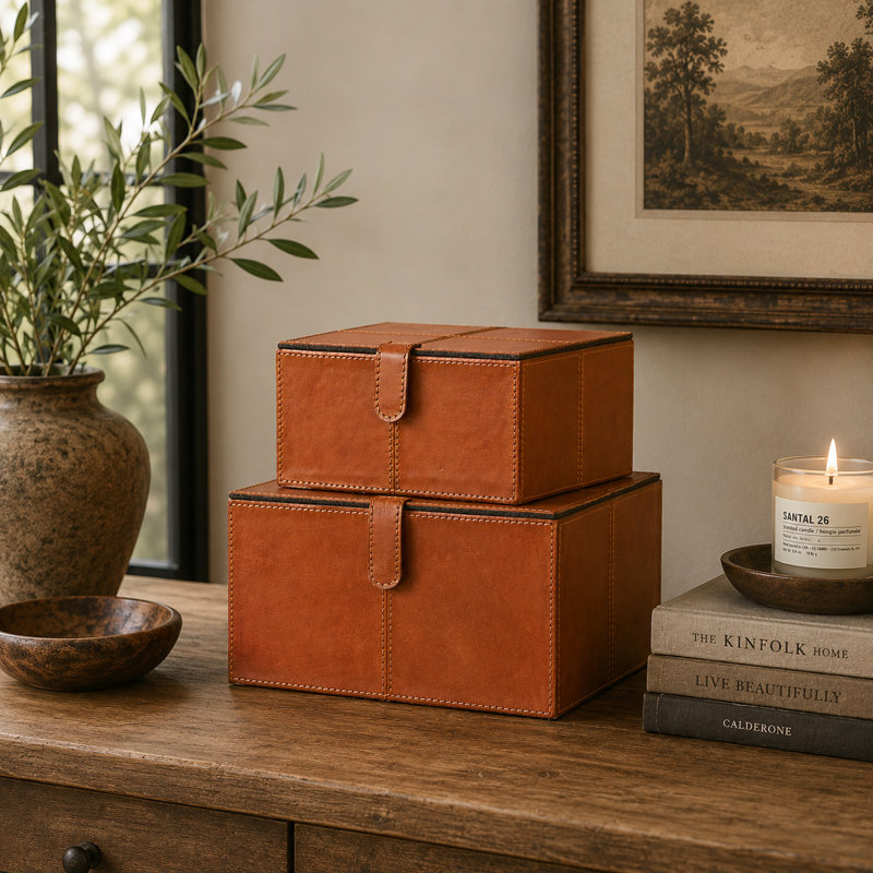 Brownsburg 2 Piece Handmade Faux Leather Decorative Box Set, Cognac Brown, 6.05" H x 10.15" W x 9.9" L
