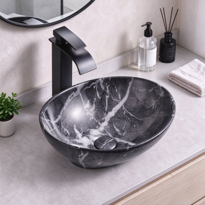 Lavabo vasque ovale de 16 po x 13,2 po avec bonde escamotable Davivy, lavabo de salle de bain en marbre unique de style européen moderne et élégant