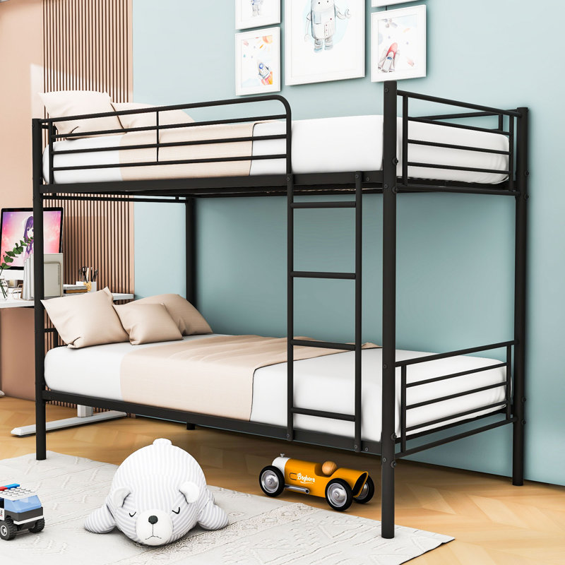 Twin Over Twin Bunk Bed Metal Frame With Ladder And Guardrails, Black