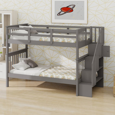 Space Saving Stairway Bunk Bed Featuring Storage and Safety Guard Rail for Dorm or Bedroom