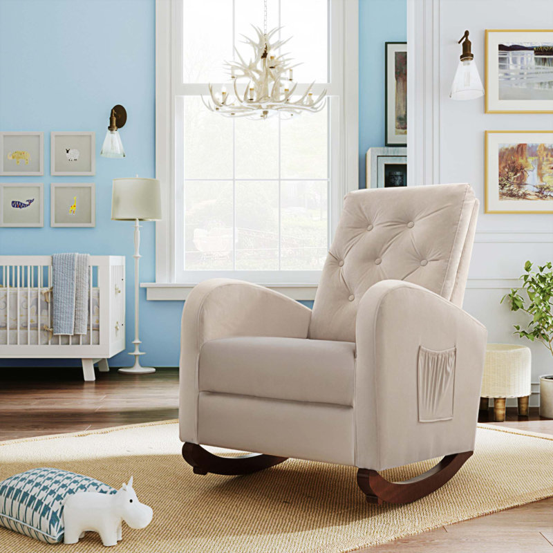 Comfortable High Back Rocking Chair Nursery Chair, Beige Velvet